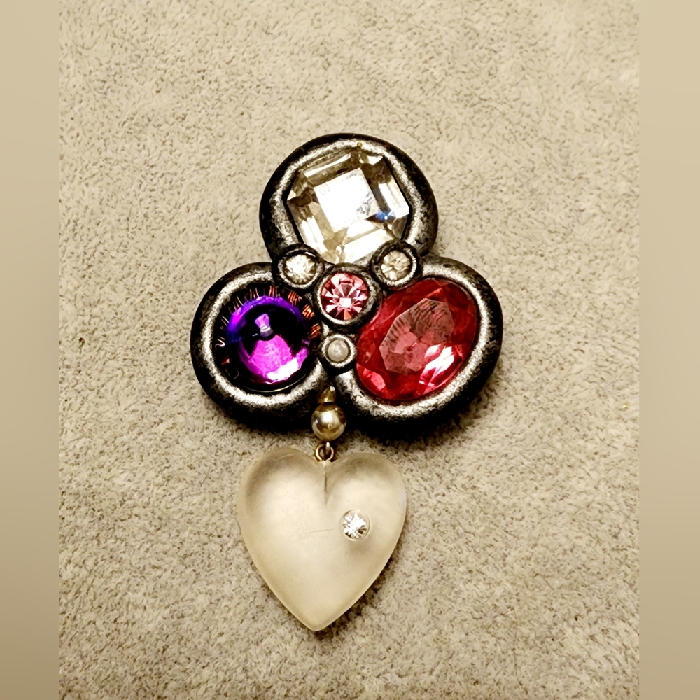 OOAK Large faceted stones pink, heart, dark gray assemblage brooch
